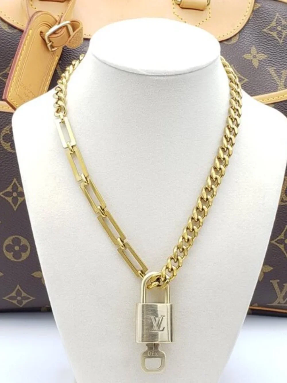 Authentic Louis Vuitton Padlock w/Unbranded Stainless Steel Gold Plated Chain